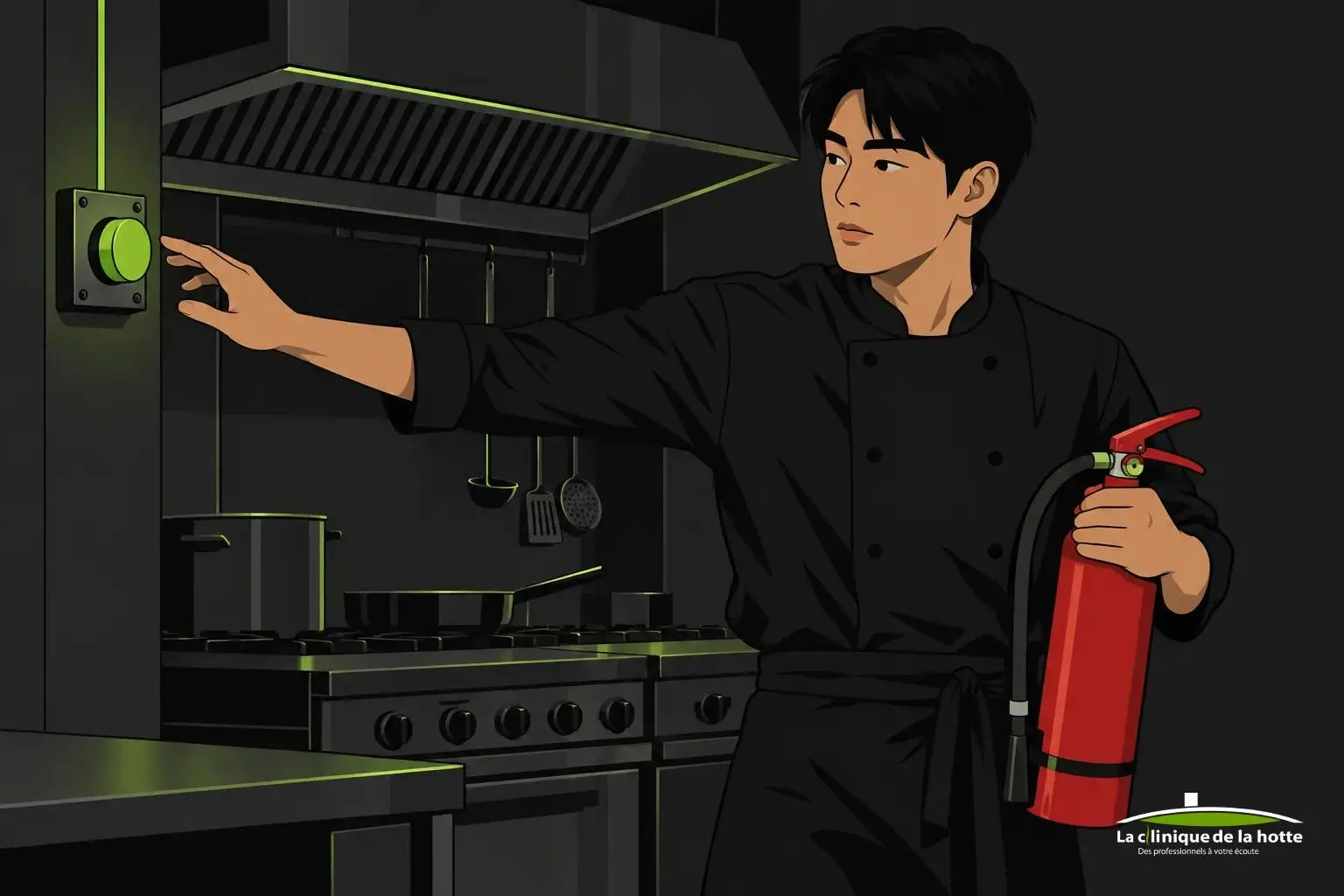 Employé en cuisine tenant un extincteur rouge près d’un plan de cuisson et appuyant sur un système d’alarme.