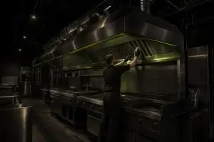 Homme effectuant le nettoyage d’une hotte professionnelle dans une cuisine industrielle, équipement en acier inoxydable et ventilation au plafond. Devis nettoyage hotte professionnelle thuir disponible.