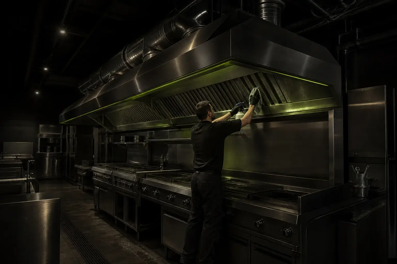 Homme effectuant le nettoyage d’une hotte professionnelle dans une cuisine industrielle, équipement en acier inoxydable et ventilation au plafond. Devis nettoyage hotte professionnelle thuir disponible.