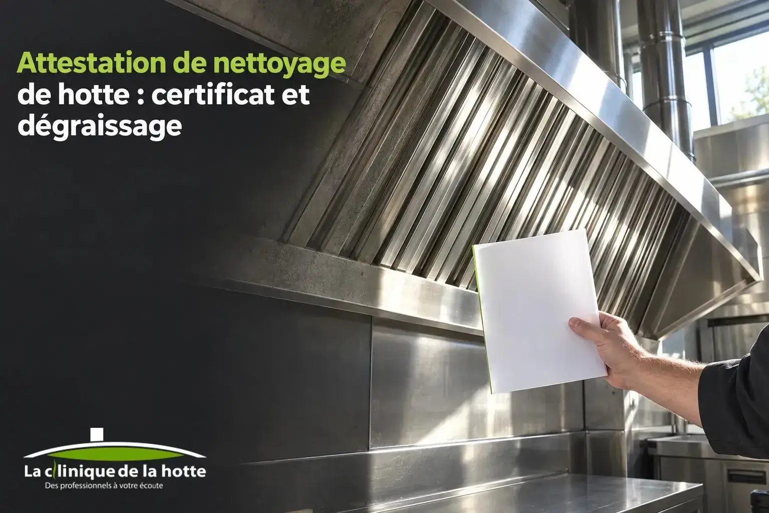 Lumière et main tenant un document blanc devant une hotte professionnelle en inox dans une cuisine.