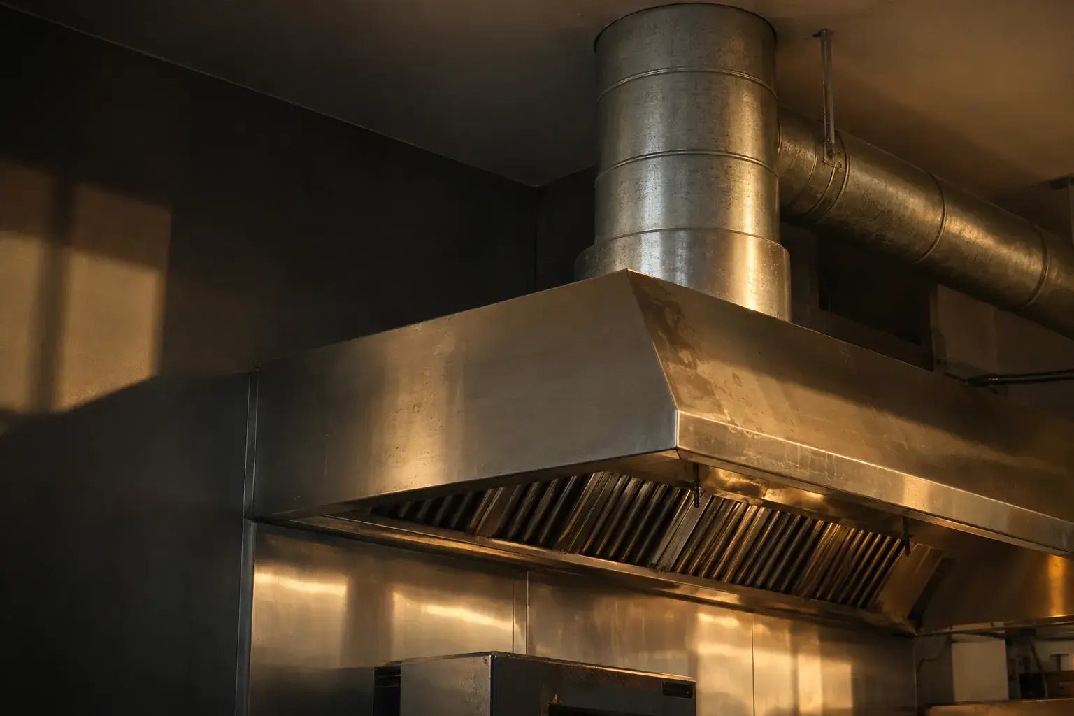 Conduit et hotte en cuisine professionnelle en métal inoxydable avec conduit d’évacuation au plafond.