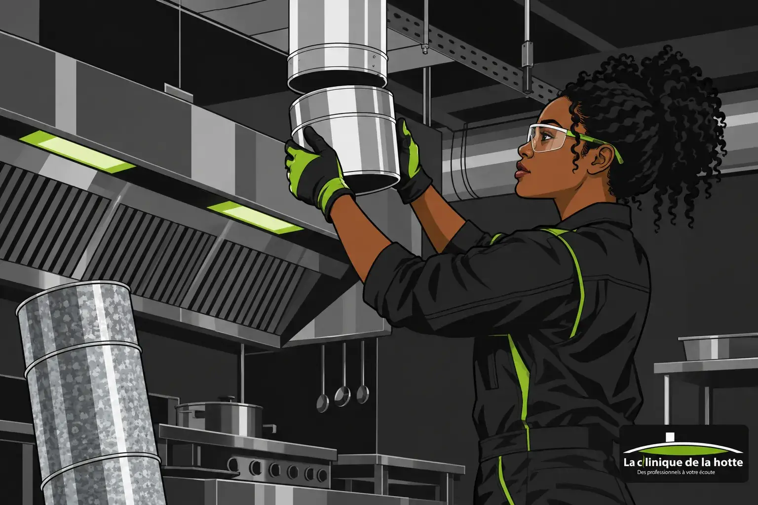 Une technicienne porte des gants et des lunettes de protection et ajuste un conduit métallique dans une cuisine